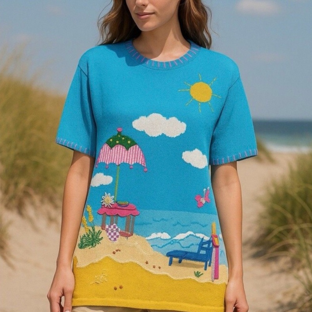 Quacker Factory “Day at the Beach” Embellished Knit Top & Pants Set – Size Sm